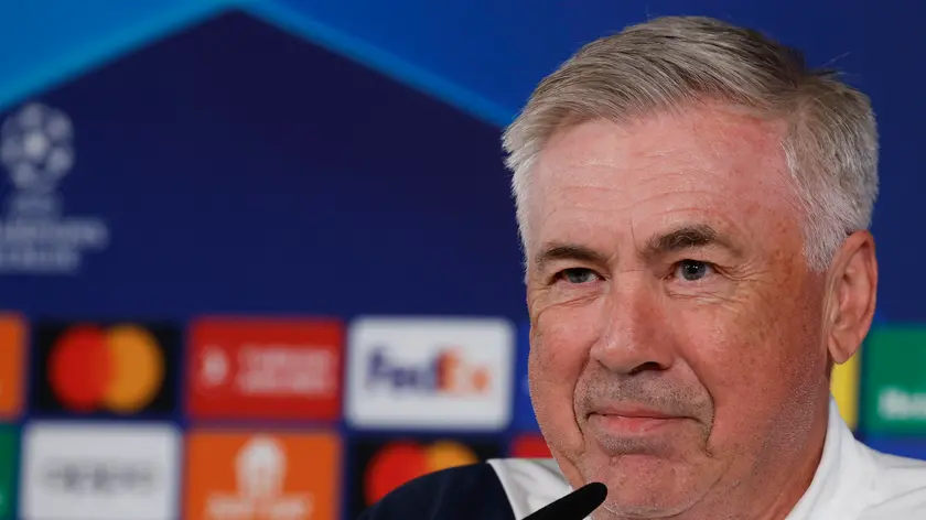 epa11373027 Real Madrid head coach Carlo Ancelotti gives a press conference during the UEFA Open Media Day ahead of the UEFA Champions League final, in Madrid, Spain, 27 May 2024. Real Madrid will face Borussia Dortmund in the UEFA Champions League final on 01 June 2024 in London. EPA/J.J.Guillen