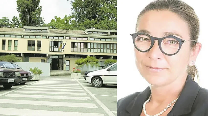 Il palazzo municipale di Noventa Padovana e l'assessore al Sociale, Giovanna Carraro