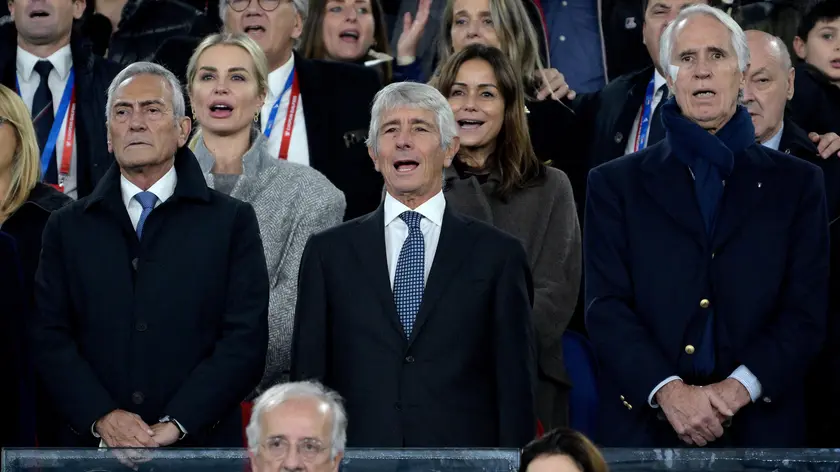 Gabriele Gravina (L), President of the Italian Football Federation (FIGC), Italian Minister for Sport and Youth Andrea Abodi (C) and President of the Italian National Olympic Committee, Giovanni Malago' (R) during the UEFA EURO 2024 group C qualifying soccer match between Italy and North Macedonia at the Olimpico Stadium in Rome, Italy, 17 November 2023. ANSA/ETTORE FERRARI