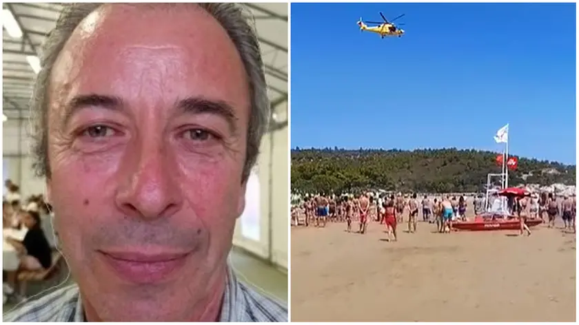 A sinistra Orfeo De Santi, a destra l'elisoccorso in spiaggia a Vieste