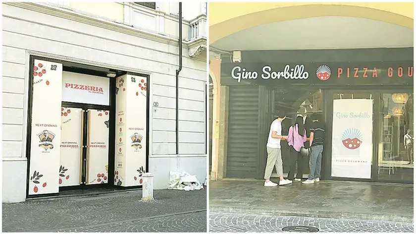La pizzeria Da Michele a sinistra: apertura il 27. A destra la pizza di Gino Sorbillo, in arrivo il 29 maggio