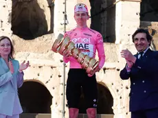 Italy's Prime Minister Giorgia Meloni, Slovenian rider Tadej Pogacar of Uae Team Emirates and Urbano Cairo celebrates with the trophy after winning of the Giro d'Italia 2024 cycling tour, in Rome, Italy, 25 May 2024