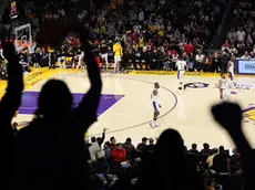 epa11306159 Fans react after the Los Angeles Lakers score during the second half of the NBA playoffs round one, game four between the Denver Nuggets and Los Angeles Lakers in Los Angeles, California, USA, 27 April 2024. EPA/ALLISON DINNER SHUTTERSTOCK OUT