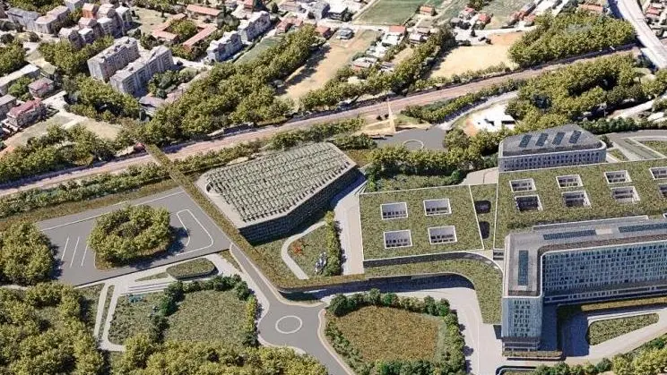 Il rendering (cioè la ricostruzione virtuale) del nuovo ospedale che sorgerà nell’area di Padova Est