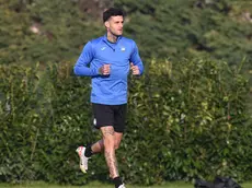 Atalanta's Gianluca Scamacca during a training session on the eve of the UEFA Europa League round of 16 second leg soccer match between Atalanta BC and Sporting Clube de Portugal, at Bortolotti Training Center in Zingonia, Italy, 13 March 2024. ANSA/MICHELE MARAVIGLIA