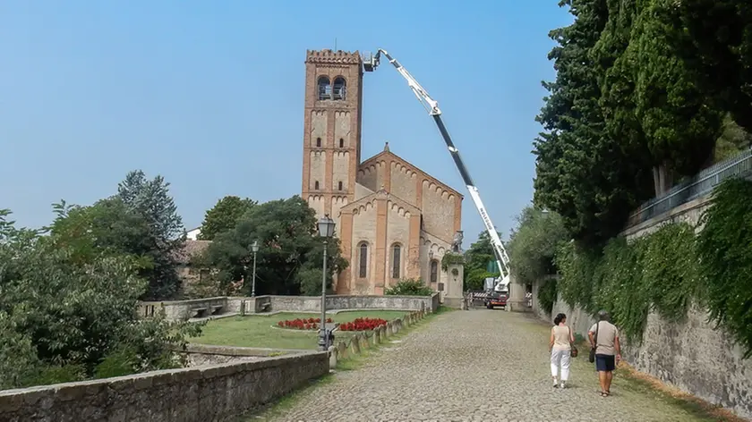 Monselice (PD), 25 luglio 2018. Restauro campanile del Duomo Vecchio. Nella foto: