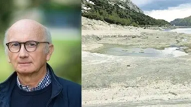 Francesco Vallerani, docente di Ca’ Foscari. A destra il lago Fedaia