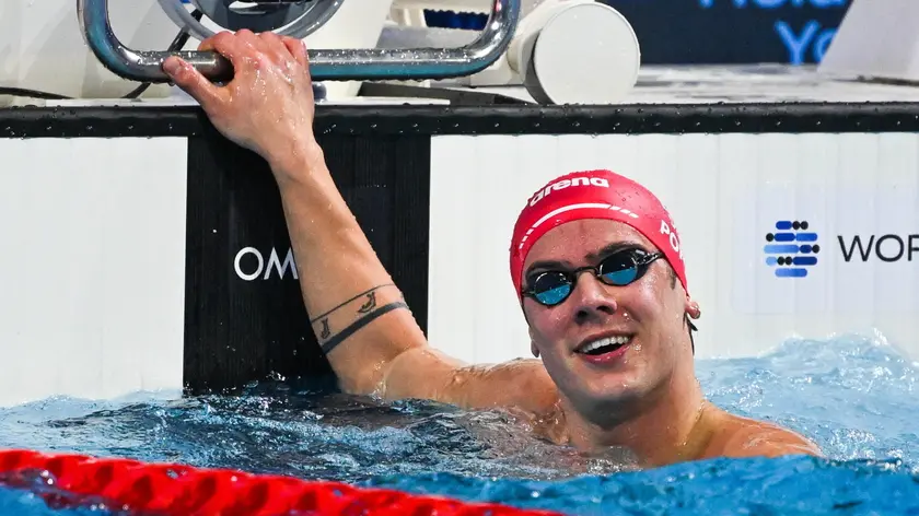 epa11768111 Noe Ponti of Switzerland reacts after competing in a Men's 50m Butterfly heat of the World Aquatics Swimming Championships (25m) in Budapest, Hungary, 10 December 2024. EPA/TIBOR ILLYES HUNGARY OUT