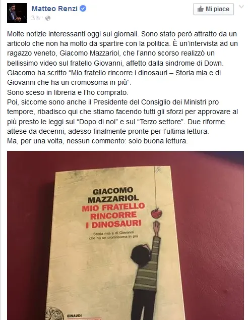 Il post del premier Matteo Renzi