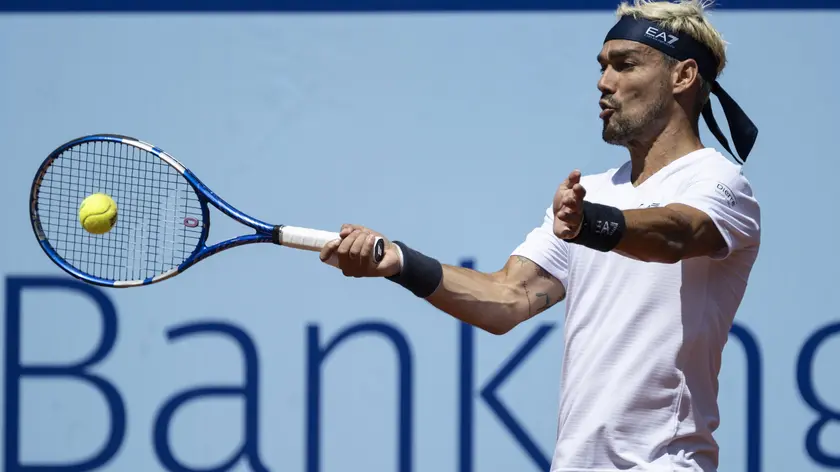 epa11479755 Fabio Fognini of Italy in action against Titouan Droguet of France at the ATP Swiss Open tennis tournament in Gstaad, Switzerland, 15 July 2024. EPA/PETER SCHNEIDER