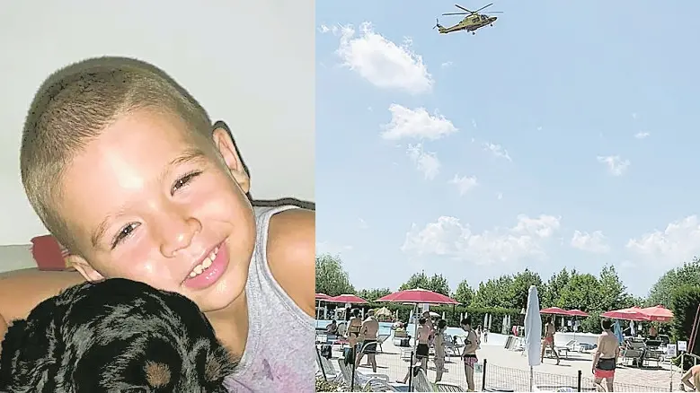 Christian Menin, 6 anni di Limena, e a destra l’elisoccorso intervenuto alle piscine di San Pietro in Gu