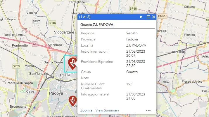 La cartina delle "verifiche interruzioni" a Padova sul sito di e-distribuzione