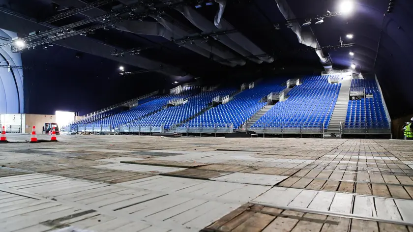 epa11437062 A view from the inside of the Arena Champ de Mars in construction for the Paris 2024 Olympic Games in Paris, France, 25 June 2024. The Arena Champ de Mars will host the Judo and Wrestling competitions. The Paris 2024 Olympic Games will take place from 26 July to 11 August 2024. EPA/Teresa Suarez