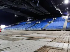 epa11437062 A view from the inside of the Arena Champ de Mars in construction for the Paris 2024 Olympic Games in Paris, France, 25 June 2024. The Arena Champ de Mars will host the Judo and Wrestling competitions. The Paris 2024 Olympic Games will take place from 26 July to 11 August 2024. EPA/Teresa Suarez