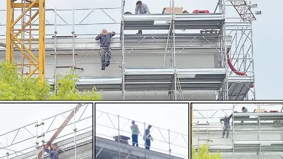 Gli operai sui ponteggi del cantiere a Rubano nelle foto scattate sabato 6 e lunedì 8 maggio (foto Piran)