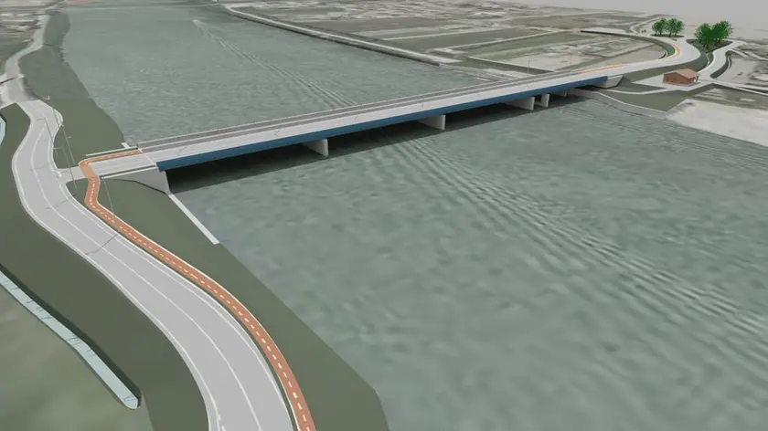 Un rendering della barriera antintrusione salina che fungerebbe anche da sostegno alla viabilità lungo la Romea