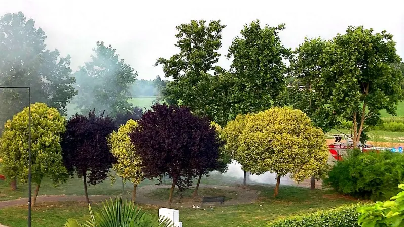 Il fumo causato dall’incendio alla balla di fieno su un campo a Legnaro