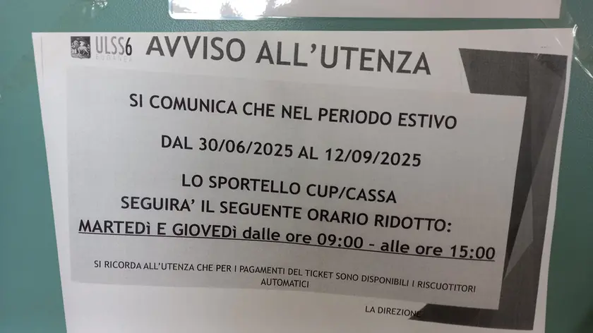 L’avviso dell’Usl 6 con le indicazioni sull’orario ridotto del servizio