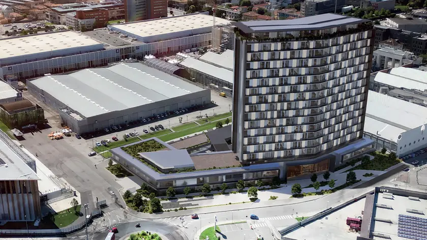 Il rendering del futuro albergo al posto del padiglione 11 della Fiera