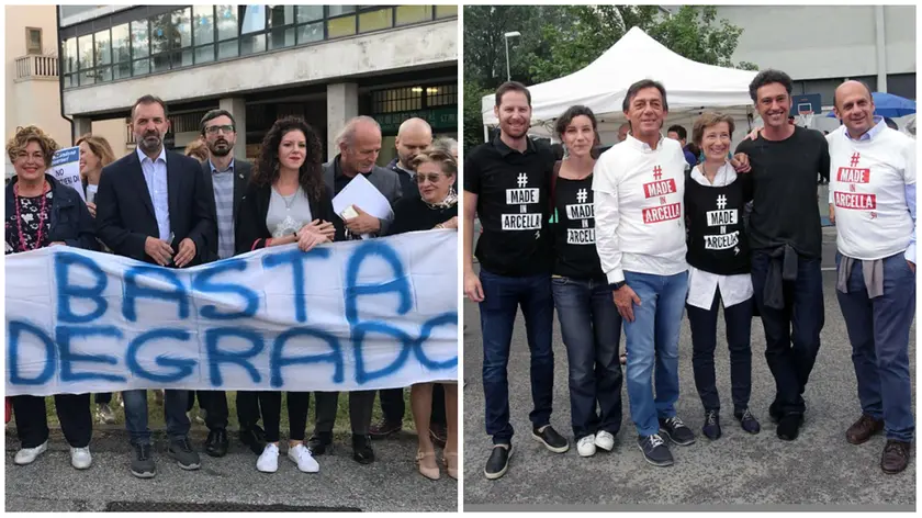 Due manifestazioni elettorali all’Arcella: a sinistra Massimo Bitonci con i militanti della Lega, a destra Sergio Giordani con esponenti del Pd e del mondo civico
