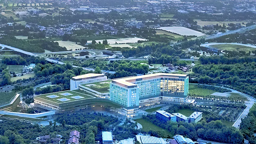 Una simulazione di come sarà realizzato il nuovo ospedale di Padova Est nell’area di San Lazzaro