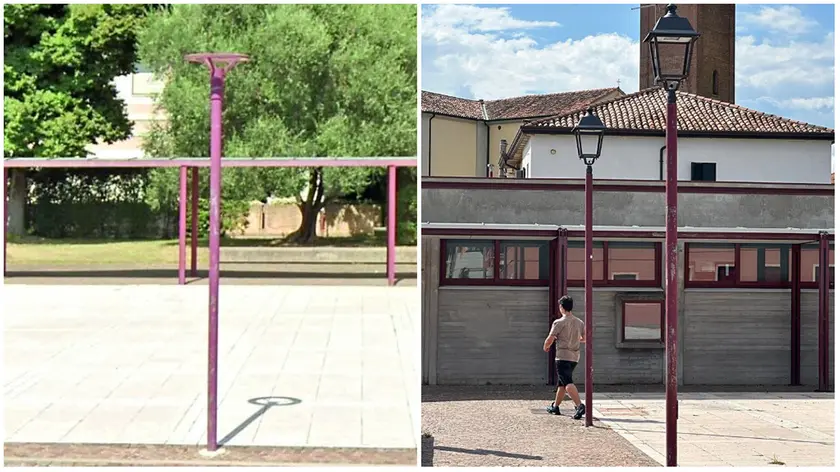 A sinistra i lampioni disegnati da Samonà, a destra i nuovi modelli posizionati davanti al municipio di Cadoneghe