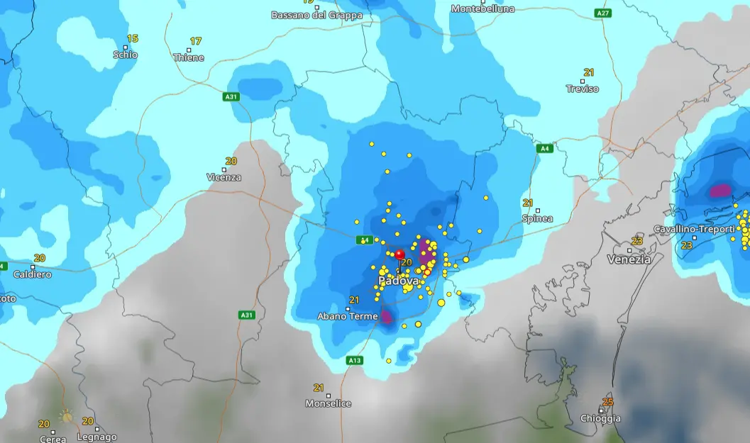 L'ondata di maltempo sul Padovano (fonte: Meteoradar)