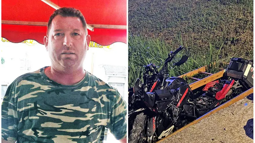 La vittima Andrea Brugnaro e la moto dopo l'incidente (foto Piran)