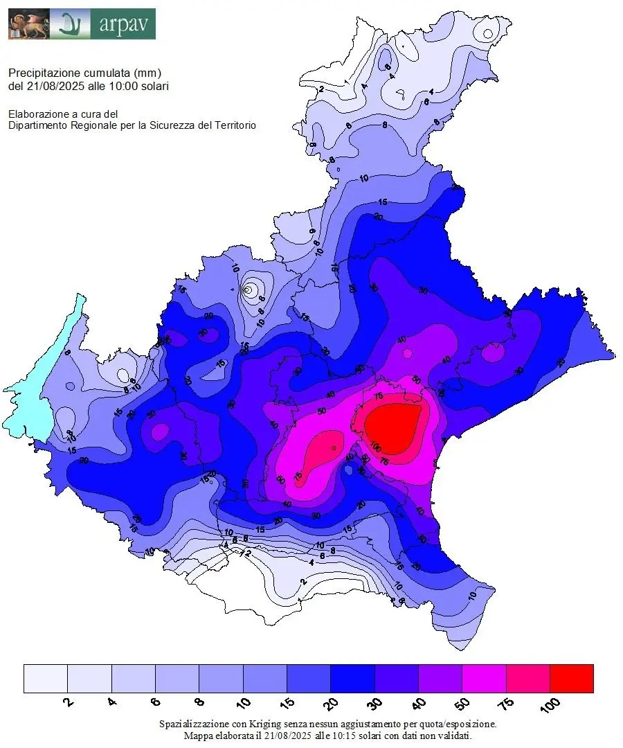 La quantità di acqua caduta tra la mezzanotte del 20 agosto e le 10 del 21 agosto