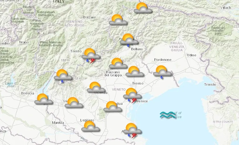 Le previsioni per domani 23 agosto. ARPAV