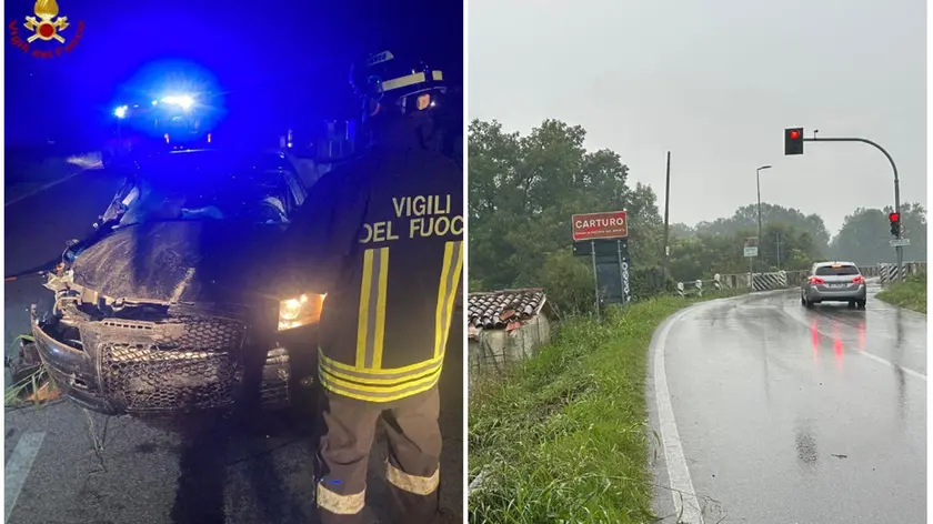 L'auto e il luogo in cui è avvenuto l'incidente mortale a Carturo (foto Piran)
