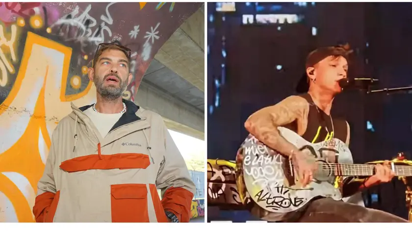 Claudio Daker davanti a un muro pieno di graffiti (Foto Marega). A destra Ultimo con la chitarra decorata dal writer goriziano