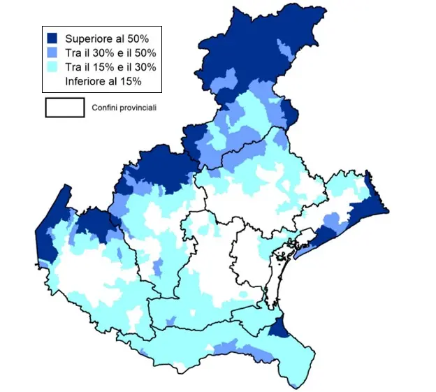 Quota % di abitazioni non occupate in Veneto (2021)