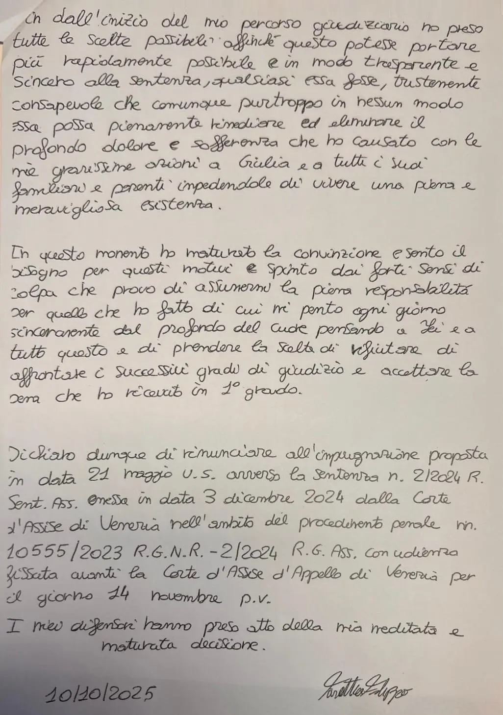 La lettera con cui Filippo Turetta ha rinunciato all'appello