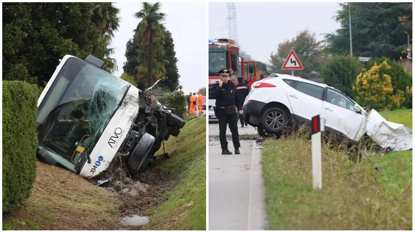 Il bus Atvo nel fosso e l'auto coinvolta nello schianto mortale (fotofilm)