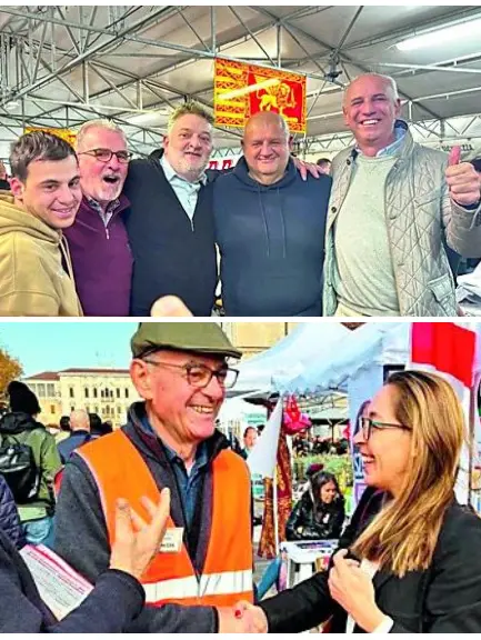 In senso orario partendo da in alto a sinistra: Roberto Marcato (Lega) a Brugine, Matteo Romanello (FdI) con la sua pasta a Mestre, strette di mano per Elisa Venturini (Forza Italia) e Vanessa Camani (Pd) nel Padovano