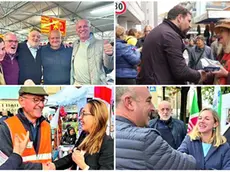 In senso orario partendo da in alto a sinistra: Roberto Marcato (Lega) a Brugine, Matteo Romanello (FdI) con la sua pasta a Mestre, strette di mano per Elisa Venturini (Forza Italia) e Vanessa Camani (Pd) nel Padovano