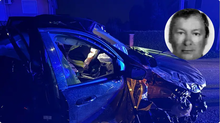 Un'auto coinvolta nell'incidente e, in alto a destra, Giancarlo Dandolo