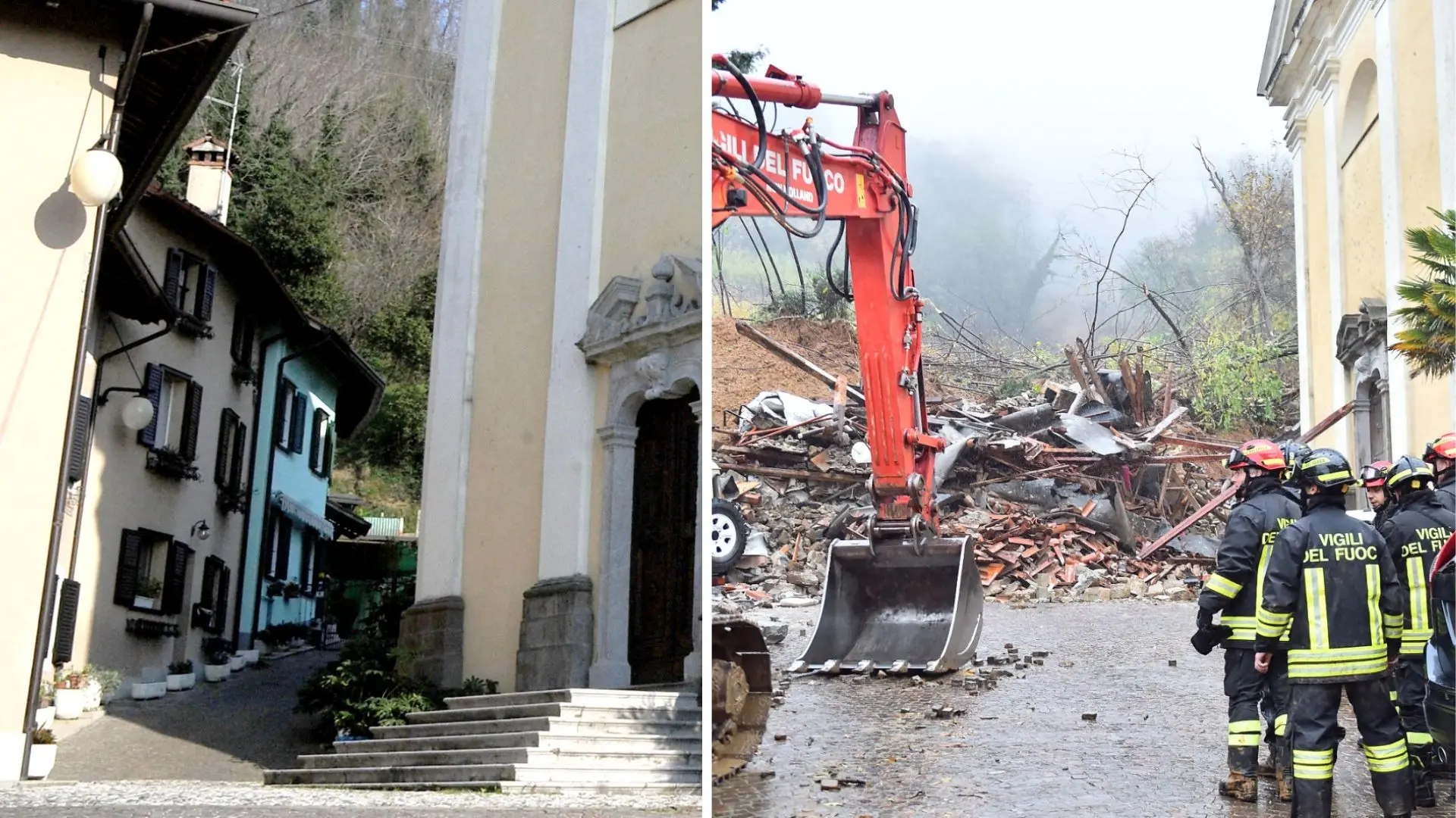 Nei due fotogrammi le abitazioni prima e dopo la frana a Brazzano