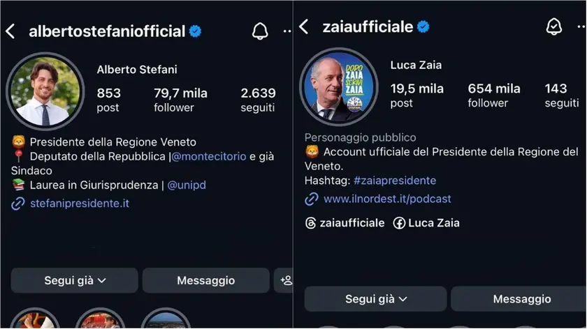 Le bio degli account Instagram di Stefani e Zaia
