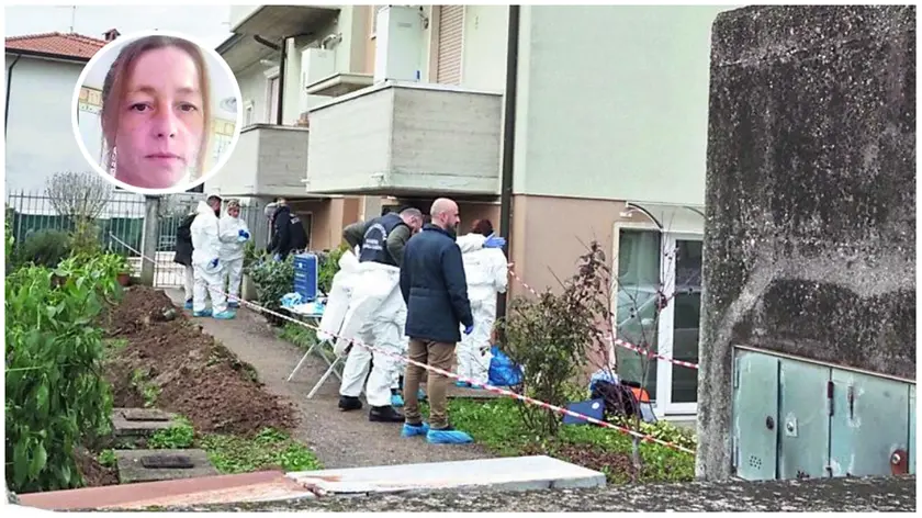 Rilievi degli inquirenti nel cortile dove era stato trovato il corpo della donna. Nel tondo, la vittima Diana Canevarolo
