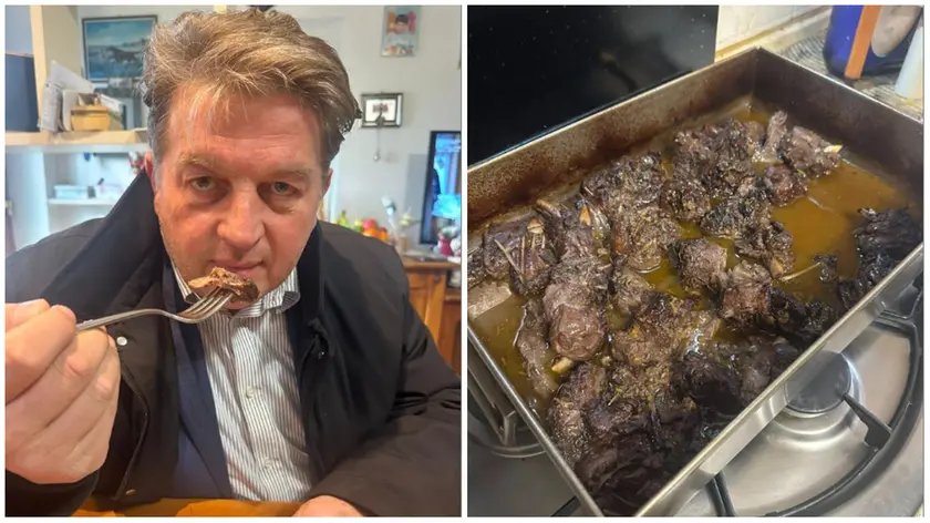 Stefano Valdegamberi assaggia la nutria e a fianco la teglia di carne