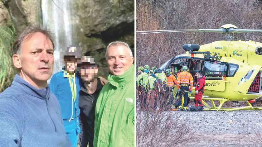 Mauro Darpin (a sinistra) e Sandro Valent (a destra) con amici e i soccorritori a Enemonzo