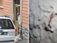 A sinistra il sopralluogo in via Machlig, a destra le tracce rosse fuori dalla abitazione di Granieri