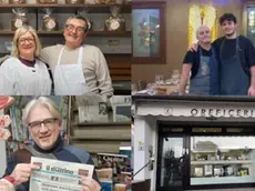 In altro, da sinistra in senso orario, i proprietari del panificio Pasinato, Nicola e Enrico De Marchi della trattoria Ai Vivai, Daniele Donolato dell'edicola Fasolato e l'esterno della gioielleria Ciscato