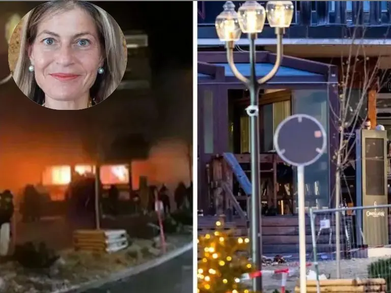 Il luogo della tragedia a Crans Montana e nel riquadro la donna bellunese ferita: Alessandra Galli De Min