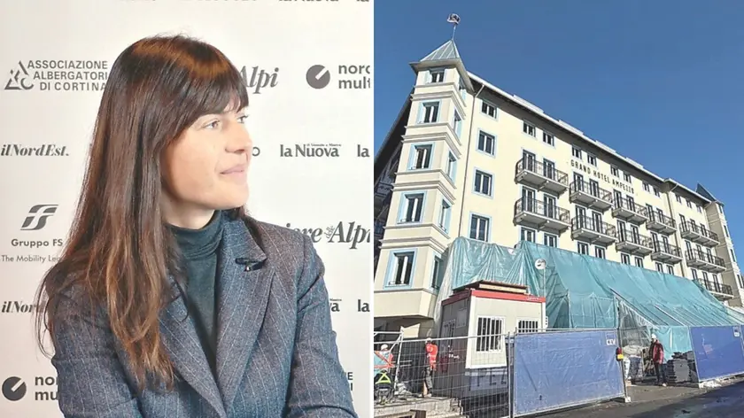 Carla Medri, vicepresidente degli albergatori di Cortina e, a destra il nuovo hotel Ampezzo in fase di ristrutturazione