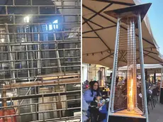 A sinistra un bar chiuso con all’interno stipati diversi funghi riscaldanti; a destra i funghi in piazza dei Signori