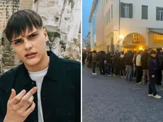 A sinistra il rapper Kid Yugi, a destra la foto della fila per il firma copie alla libreria Mondadori di piazza Garibaldi