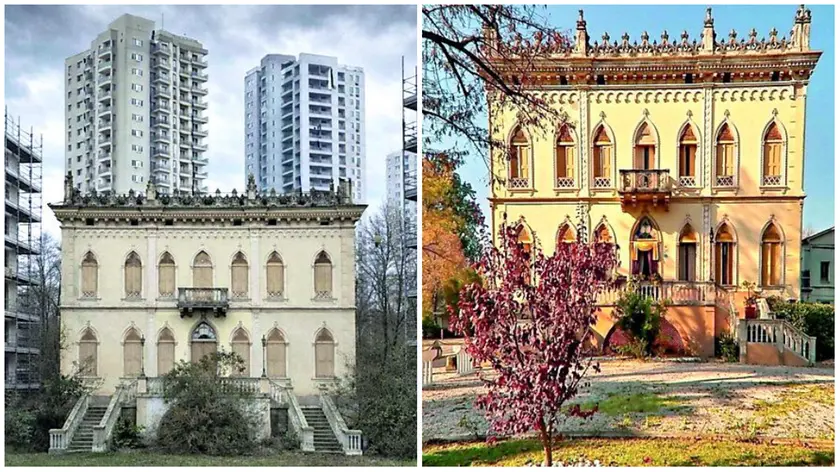 Come potrebbe diventare l’area di Villa Adele in centro ad Abano Terme e a destra com'è ora